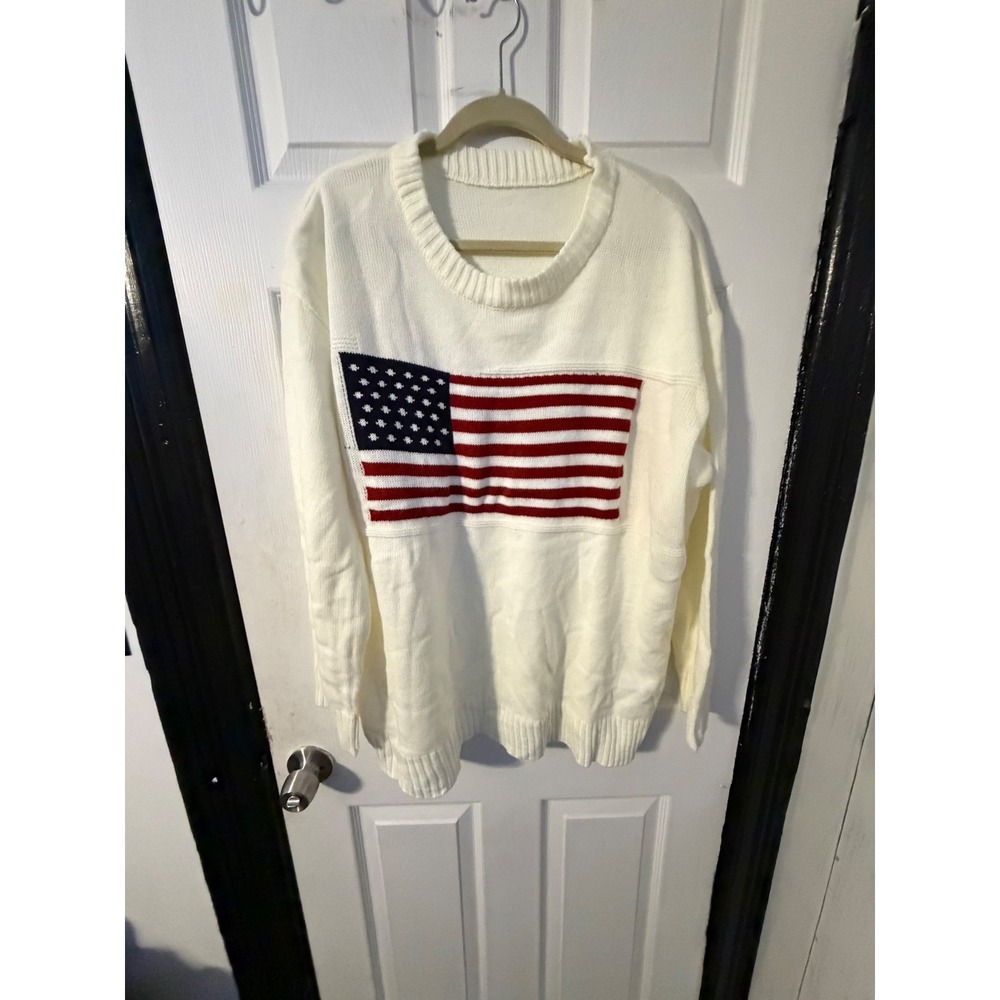 Shein Curve American Flag Sweater White Knit Pullover Plus Size 3XL Patriotic